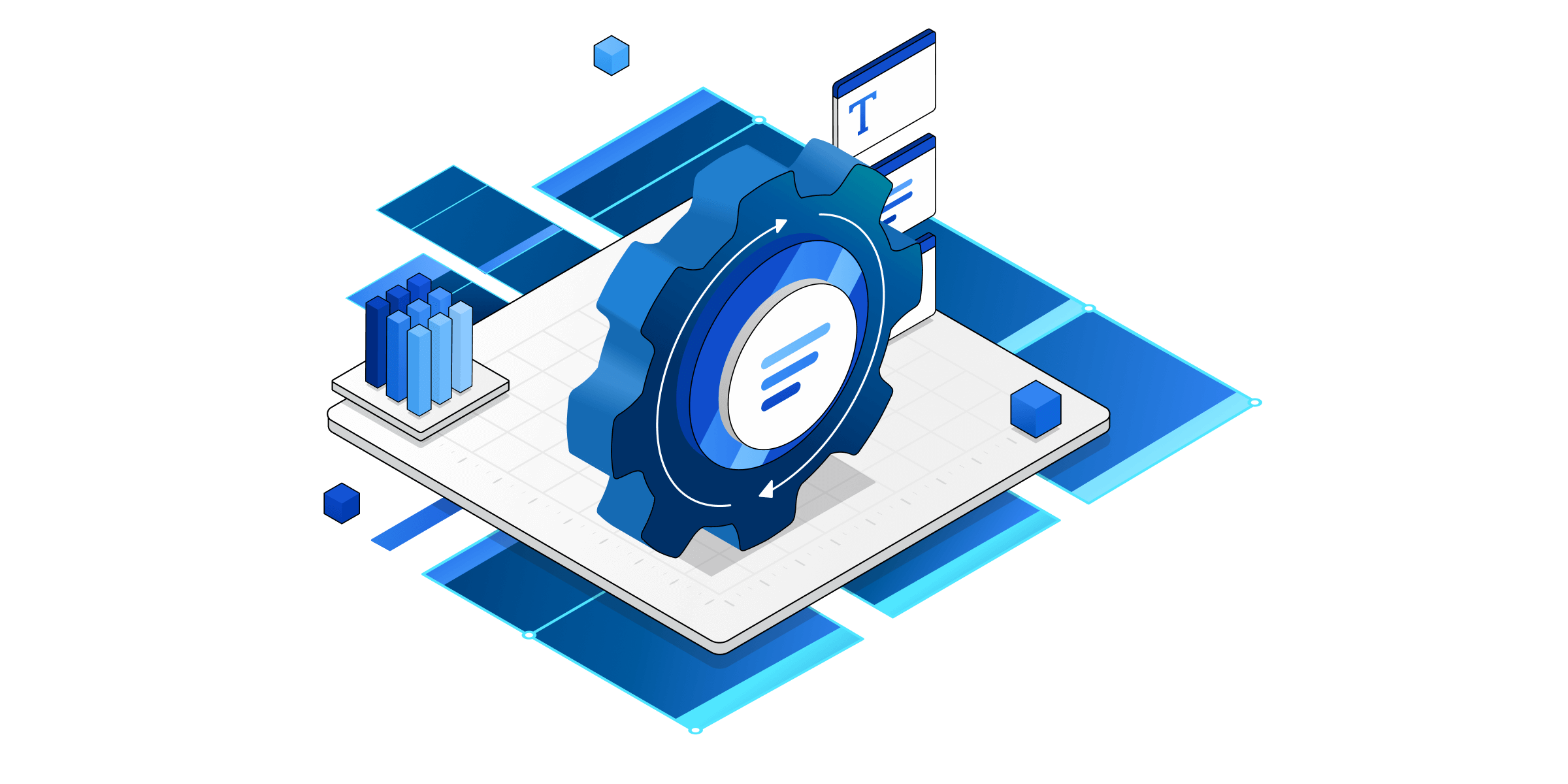 Uma ilustração isométrica dos componentes técnicos dos serviços do Power Automate.